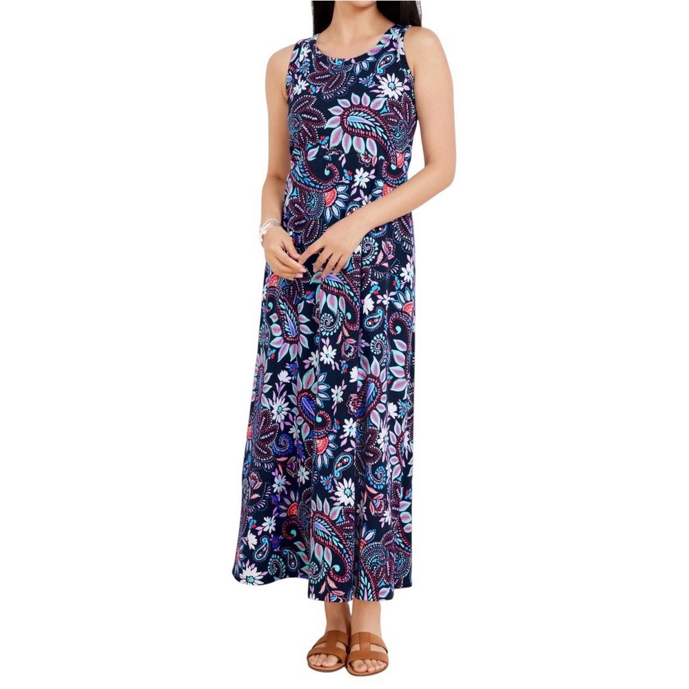 Talbots‎ Plus 2X Paisley Floral Maxi Dress 100% Cotton Sleeveless Blue A-Line